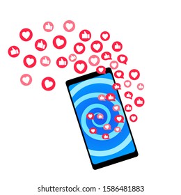Influencer social media marketing concept with smartphone and like icons, isolated on white background vector illustration.