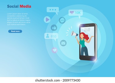 Influencer Social media marketing concept. Woman influencer on smart phone screen with megaphone online communicating, public post on social network platform with people follower, love and like icons.