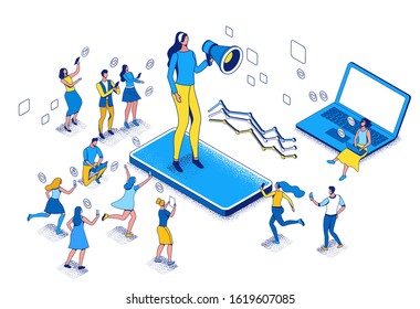 Influencer standing with megaphone and refer a friend to affiliate program, blogger and followers, people like post in social media network, 3d vector isometric illustration with outline and texture