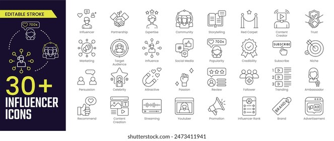 Influencer Stroke icon collections. Containing follower, social media, promotion, passion, celebrity, influence, content, community and marketing icons. Stroke icon collection Outline icon