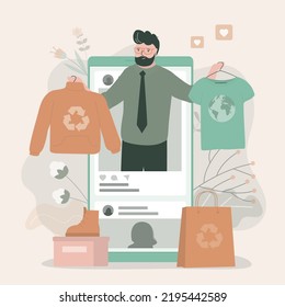 Influencer talks about eco fashion and recycled clothing. Fashion man in social network talking about zero waste, green lifestyle movement. Mobile phone with social media feed. Vector illustration