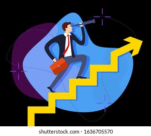 influencer with telescope and briefcase stands on growing up Arrow above modern dynamical colorful liquid shape fluid frame