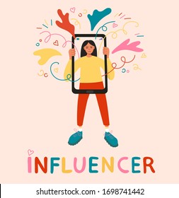 Influencer text, blogger, content creator, SMM, social media or content manager concept. Girl holding huge smartphone in her hands. Female cartoon character illustration in flat modern style. Vector 