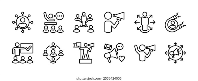 Influencer thin line icon set. Containing promotion, leadership, passion, marketing, social media, community, advertisement, guidance, coaching, confidence, motivation, adviser, campaign. Vector