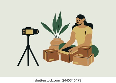 Influencer Unboxing Vector Illustration in Flat Style
