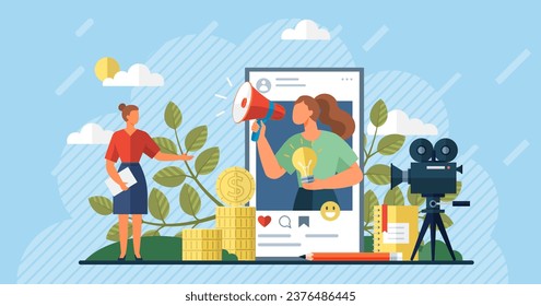 Influencer. Vector illustration. Broadcasting their message to wide audience is essential part influencers job The influencer concept revolves around building connections and inspiring others