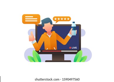 Influencer Vector Illustration. A Male Youtuber Reviews A Product Live On The Website.
