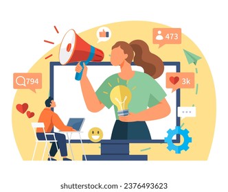 Influencer. Vector illustration. Promotion through various media channels helps influencers reach broader audience Society looks to influencers for inspiration and guidance Influencers use effective