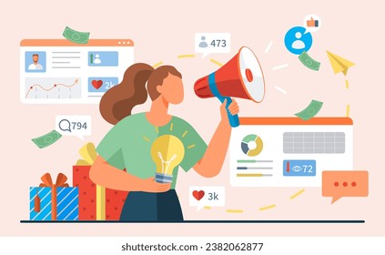 Influencer. Vector illustration. Referring to popular trends and topics is common strategy among influencers Broadcasting their message through different media channels is essential for influencers