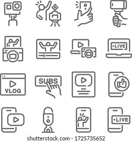 Influencer Vlog icon set vector illustration. Contains such icon as Micro influencer, Social media, Selfie, Live, Creator and more. Expanded Stroke