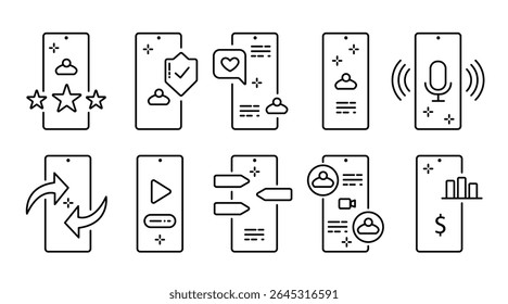 Influencer Vlog icon set vector illustration. Contains such icon as Micro influencer, Social media, Selfie, Live, Creator and more. Expanded Stroke