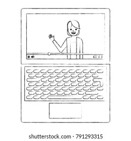 influencer waving hand video content on screen laptop
