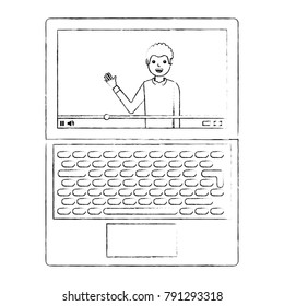 influencer waving hand video content on screen laptop