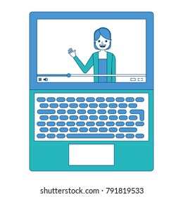 influencer waving hand video content on screen laptop