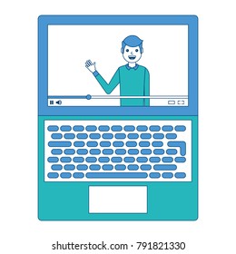 influencer waving hand video content on screen laptop