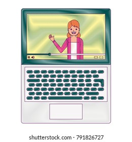 influencer waving hand video content on screen laptop
