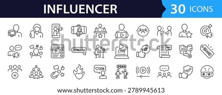 Influencer Web Icon Set in Linear Style. Collection of Blogger and Influencer line icons, including follower, creator, blogger, social media, promotion, content, marketing and more. Editable stroke