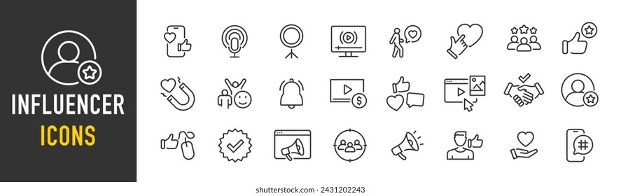 Influencer web icons in line style. Content, community, promotion, influencer, social media, ambassador. Vector illustration.