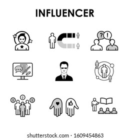 Influencer - web Icons set for websites and social media business design: Power, Charisma, Expertise, Storytelling, Follower, Reviewer, Celebrity, Professional. Vector pictograms collection.