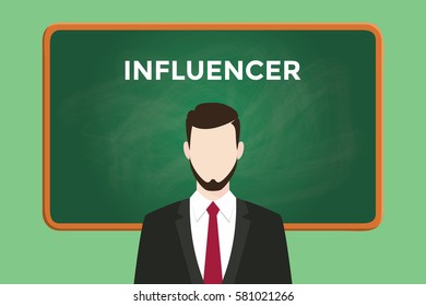 influencer white text illustration with a bearded man wearing black suit standing in front of green chalk board 