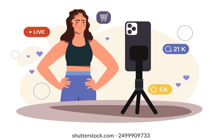 Influencer woman concept. Young girl in sportswear stands in front of smartphone. Popular social media personality comes up with content. Flat vector illustration isolated on white background