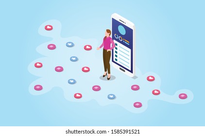 influencer woman with social media icon spreading with modern isometric style - vector