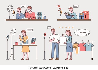 Influencers and hosts are selling goods while broadcasting live on mobile. flat design style minimal vector illustration.