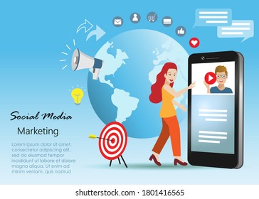 Influencers on social media marketing concept. Woman touching virtual digital screen to online influencers with graphical user interface icons on social network technology.