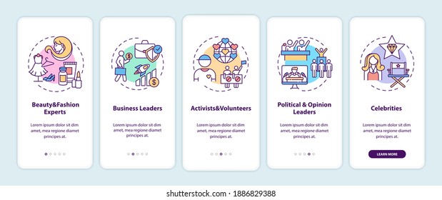 Influencers types onboarding mobile app page screen with concepts. Beauty and fashion experts, volunteers walkthrough 5 steps graphic instructions. UI vector template with RGB color illustrations