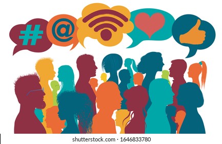 Influencer.Silhouette group of people talking and sharing ideas and information.Trend communication.Social network.Social media concept.Community.App symbols.Followers.Speech bubble