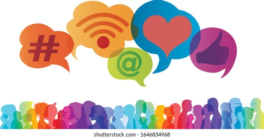 Influencer.Silhouette group of people talking and sharing ideas and information.Trend communication.Social network.Social media concept.Community.App symbols.Followers.Speech bubble