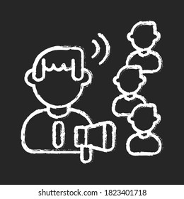Influencing skills chalk white icon on black background. Public announcement, customer attraction, marketing campaign. Influencer with megaphone and followers isolated vector chalkboard illustration