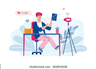 Influential blogger filming video review on electronic device, cartoon flat vector illustration isolated on white background. Review of buying or usage video tutorial.