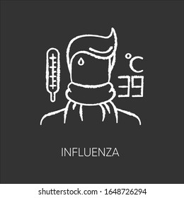 Influenza chalk white icon on black background. Contagious flu virus, respiratory viral infection. Ill person with cold symptoms, fever, headache isolated vector chalkboard illustration