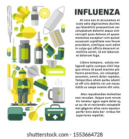 Influenza, cold and flu treatment banner template. Icons of natural remedies. First-aid kit items to alleviate symptoms. Sick person in warm clothes, medicine bottles. Vector illustrations with text.