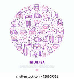 Influenza concept in circle with thin line icons of symptoms and treatments: runny nose, headache, pain in throat, temperature, pills, medicine. Vector illustration for banner, web page, print media.