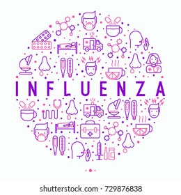 Influenza concept in circle with thin line icons of symptoms and treatments: runny nose, headache, pain in throat, temperature, pills, medicine. Vector illustration for banner, web page, print media.