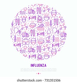 Influenza concept in circle with thin line icons of symptoms and treatments: runny nose, headache, pain in throat, temperature, pills, medicine. Vector illustration for banner, web page, print media.