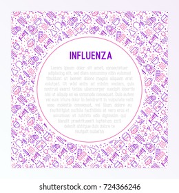 Influenza concept with thin line icons of symptoms and treatments: runny nose, headache, pain in throat, temperature, pills, medicine. Vector illustration for banner, web page, print media.