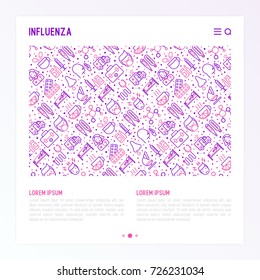 Influenza concept with thin line icons of symptoms and treatments: runny nose, headache, pain in throat, temperature, pills, medicine. Vector illustration for banner, web page, print media.