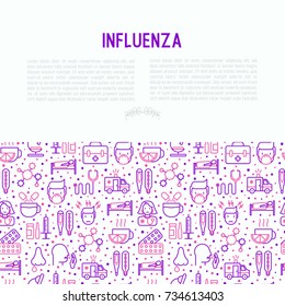 Influenza concept with thin line icons of symptoms and treatments: runny nose, headache, pain in throat, temperature, pills, medicine. Vector illustration for banner, web page, print media.