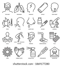 Influenza and coronavirus symptoms and treatment icon set in line style. Respiratory disease symbols collection. Vector illustration.