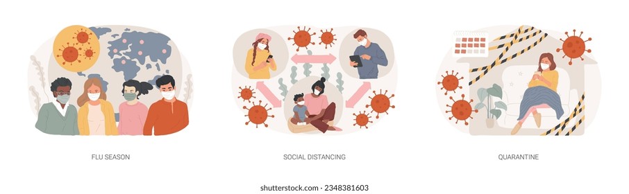 Influenza epidemic isolated concept vector illustration set. Flu season, social distancing, self quarantine, infection outbreak, stay at home, public health, isolation measures vector concept.