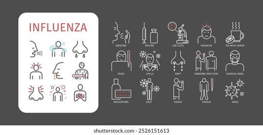 Gripe. Sintomas De Gripe, Tratamento. Conjunto de ícones de linha. Gráficos vetoriais para uso na Web.