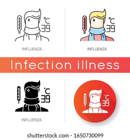 Influenza icon. Linear black and RGB color styles. Contagious flu virus, respiratory viral infection. Medical diagnosis. Ill person with cold symptoms, fever, headache isolated vector illustrations