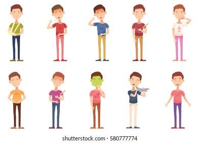 Influenza, icons, illness, cartoon with unhealthy people, boy child flat vector illustration