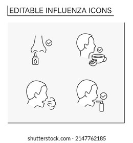 Influenza line icons set. Hot tea with lemon prevents sickness, nasal spray, shortness of breath, inhaler, Viral infections. Health care concept. Isolated vector illustrations. Editable stroke