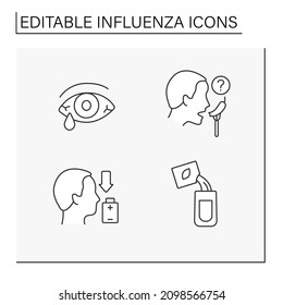 Influenza line icons set. Symptoms of diseases and treatment, eye irritation. Disease prevention. Health care concept. Isolated vector illustrations. Editable stroke