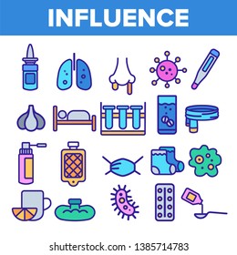 Influenza Linear Vector Icons Set. Influenza Thin Line Contour Symbols Pack. Common Cold, Runny Nose Pictograms Collection. Virus, Epidemic. Disease, Sickness Medical Treatment Outline Illustrations
