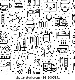Influenza seamless pattern with thin line icons of symptoms and treatments: runny nose, headache, pain in throat, temperature, pills, medicine. Vector illustration for background.